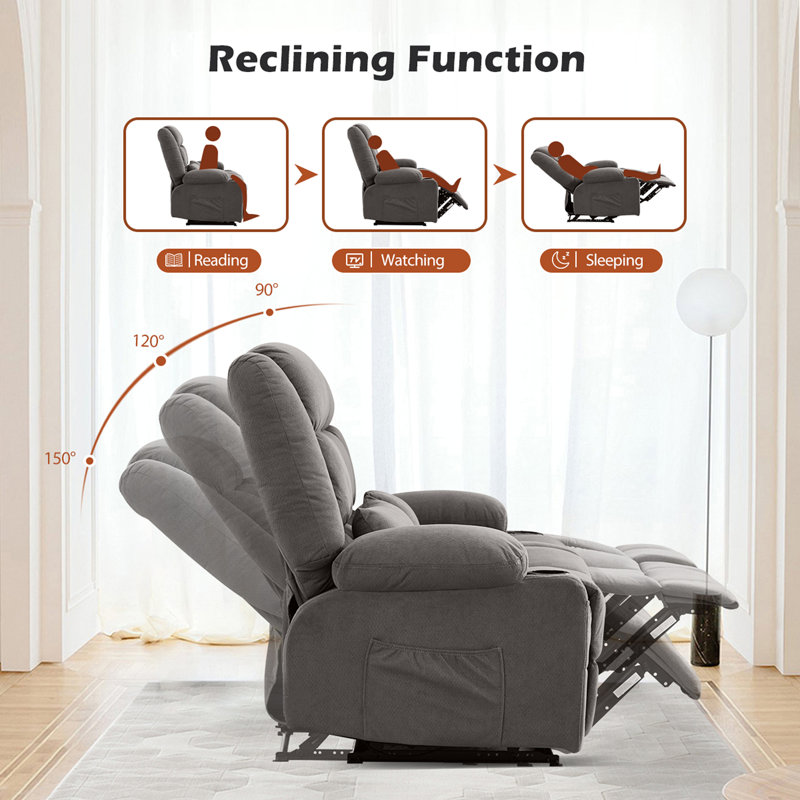Causeuse inclinable avec porte-gobelets, fauteuil inclinable surdimensionné manuel, Lin gris
