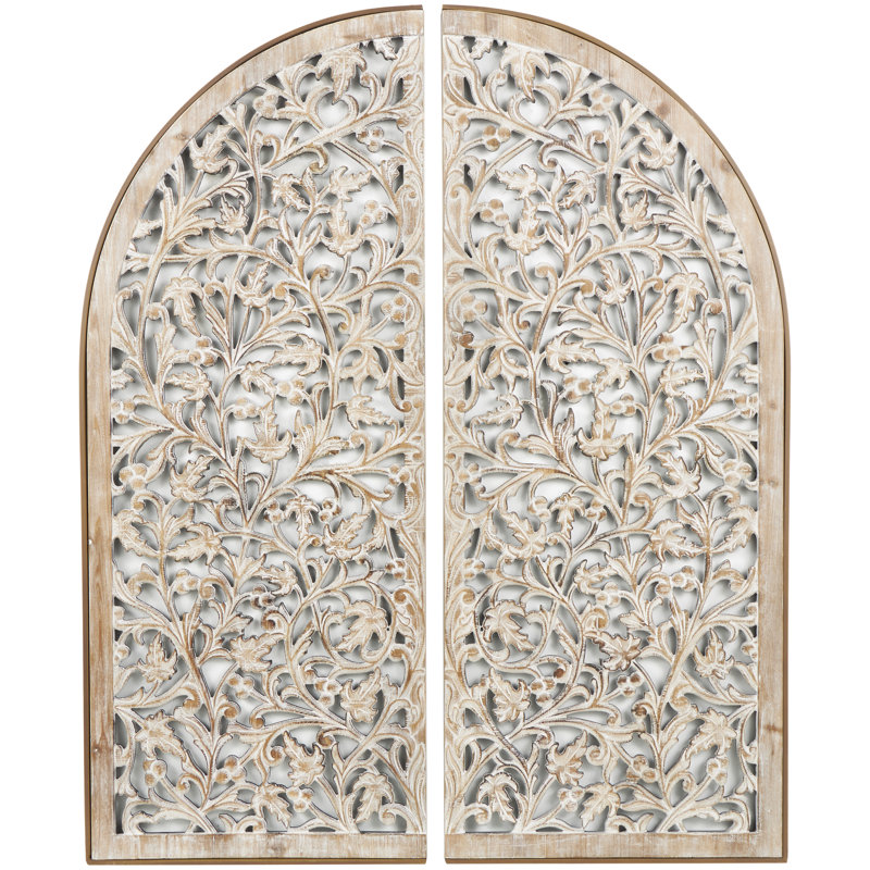 Ensemble de décoration murale arquée en bois faite à la main avec sculptures complexes, H 48,2 po x l 19,2 po x P 1 po, Beige