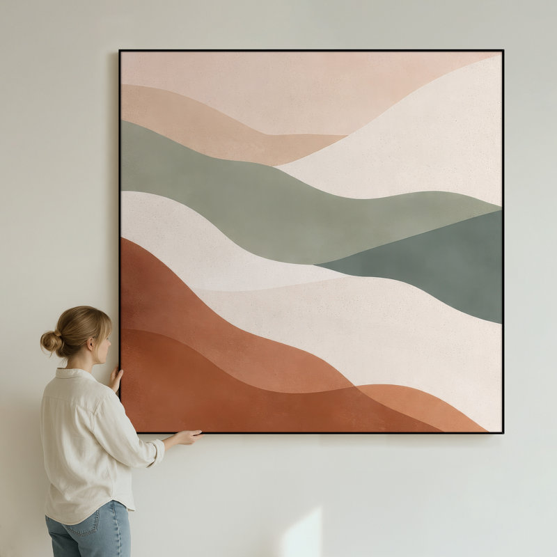 Très grande reproduction d'art sur toile - Paysage abstrait de couleur sauge et terre cuite neutre pour salon moderne - "Assemblage requis du cadre (cadre non fini)"