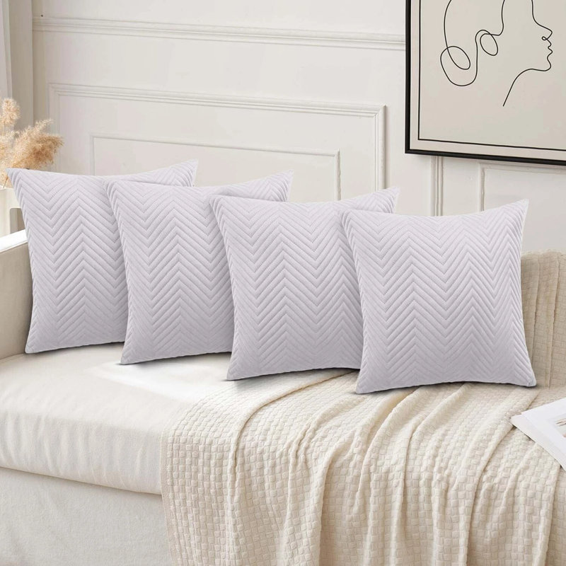 Luxury Chevron Embossed Quilted Pattern Velvet Cushion Cover Set (4-Pack) - Soft Throw Cushion Cover for Home Décor, Silver