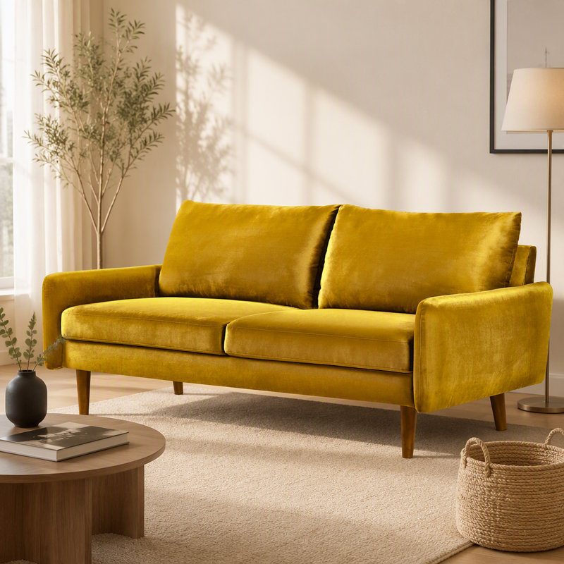 Canapé moderne avec pieds fuselés en bois, Mustard yellow Polyester