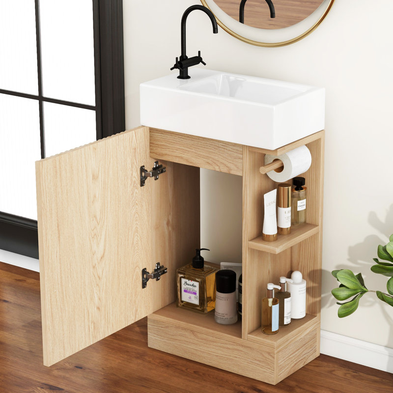 Meuble-lavabo 18,6 po avec lavabo en céramique, porte et armoire de rangement, Naturel