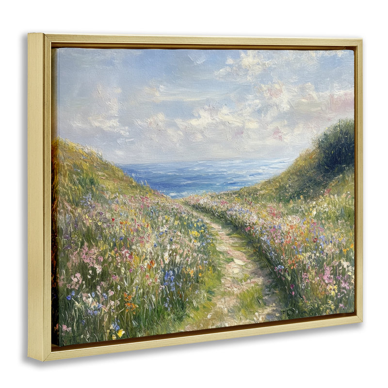 Cadre flottant Well Worn Coastal Path, design par Petal Prints Design, H 17 po x l 21 po, Cadre flottant métallique doré