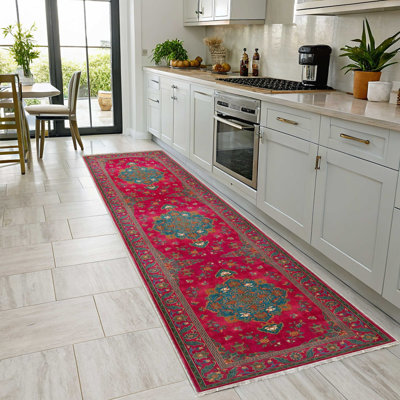 Fuschia Red Retro Floral Washable Vintage Cotton Chenille Kilim Non-Slip Cotton Base Kilim