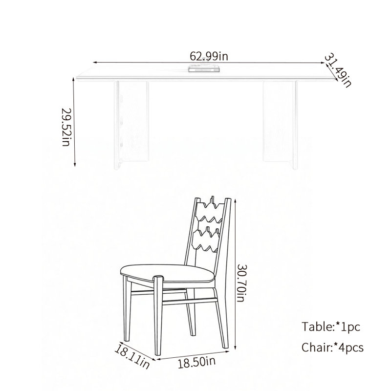 Table de salle à manger rectangulaire tendance et simple, H 29,52 po x l 62,99 po x P 31,49 po, 5 pièces: table, 4 chaises
