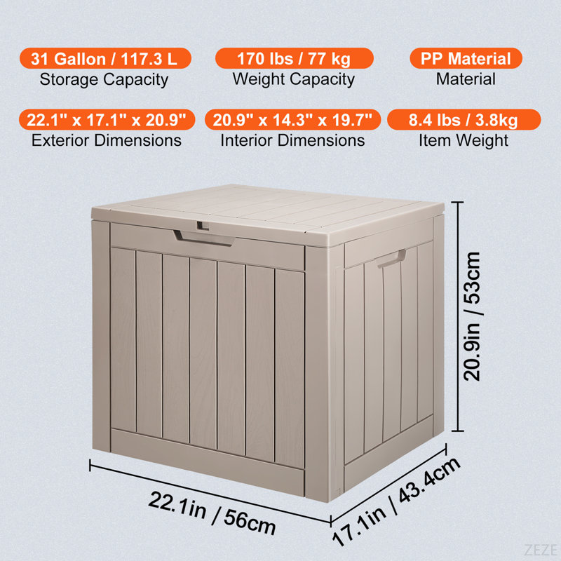 Outdoor Storage Box Resin Deck Box 31 Gallon Patio Waterproof Organizer