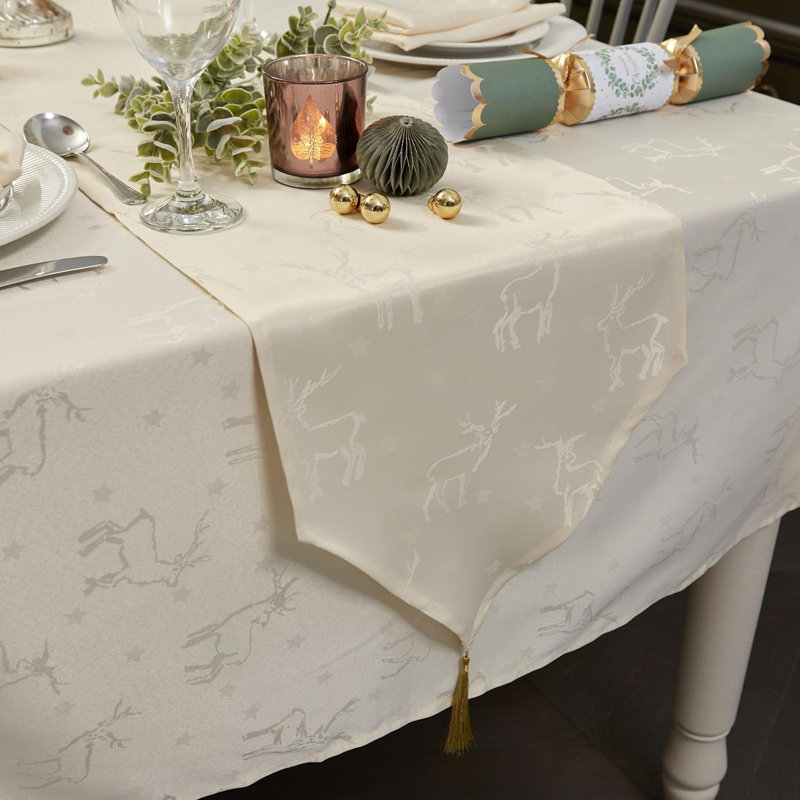 Christmas Tasselled Table Runner Deer Embossed Design, 156cm W x 1152cm L, Cream