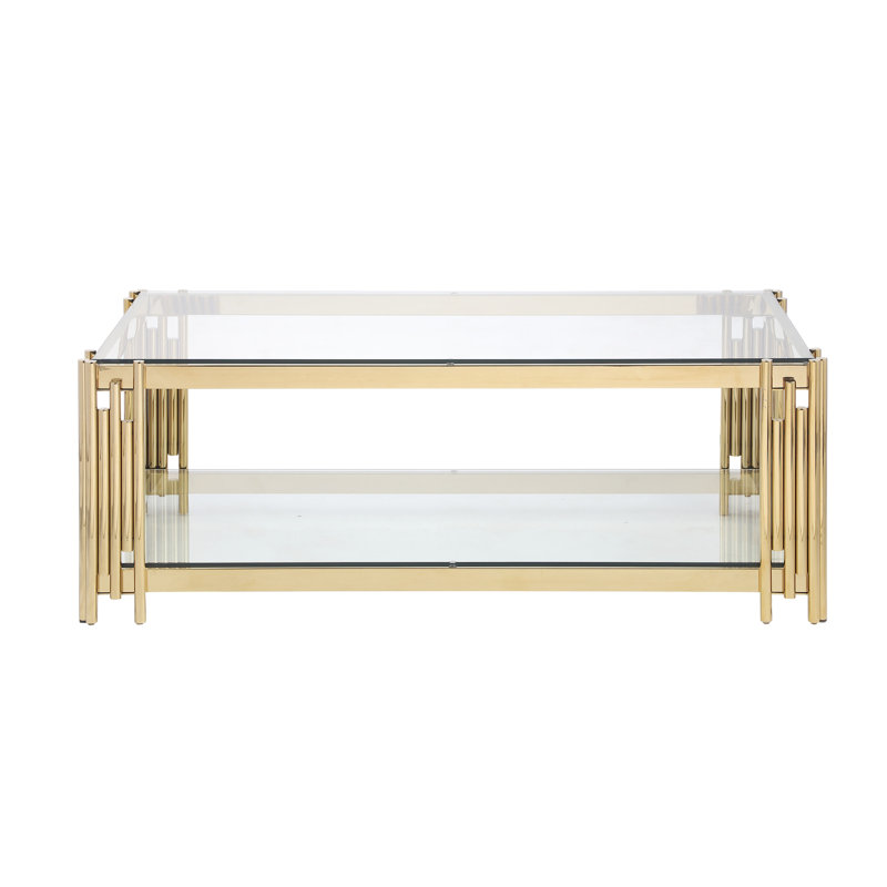 Table basse dorée en acier inoxydable et verre, rectangulaire rectangulaire de 48 po de hauteur, pour le salon, Transparent