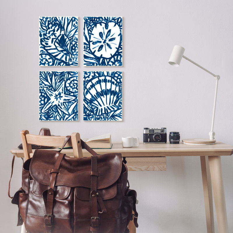 «Nautical Blue Seashell Starfish Sand Line» par June Erica Vess - ensemble de 4 impressions, H 15 po x l 10 po x P 0,5 po
