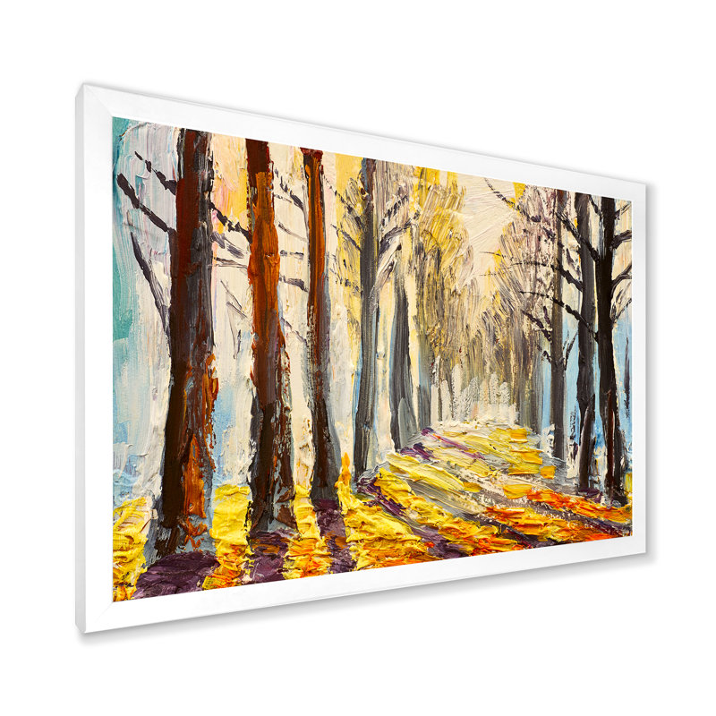 Soleil à travers les arbres d'automne - Peinture sur toile, H 24 po x l 32 po x P 1 po, Cadre photo blanc