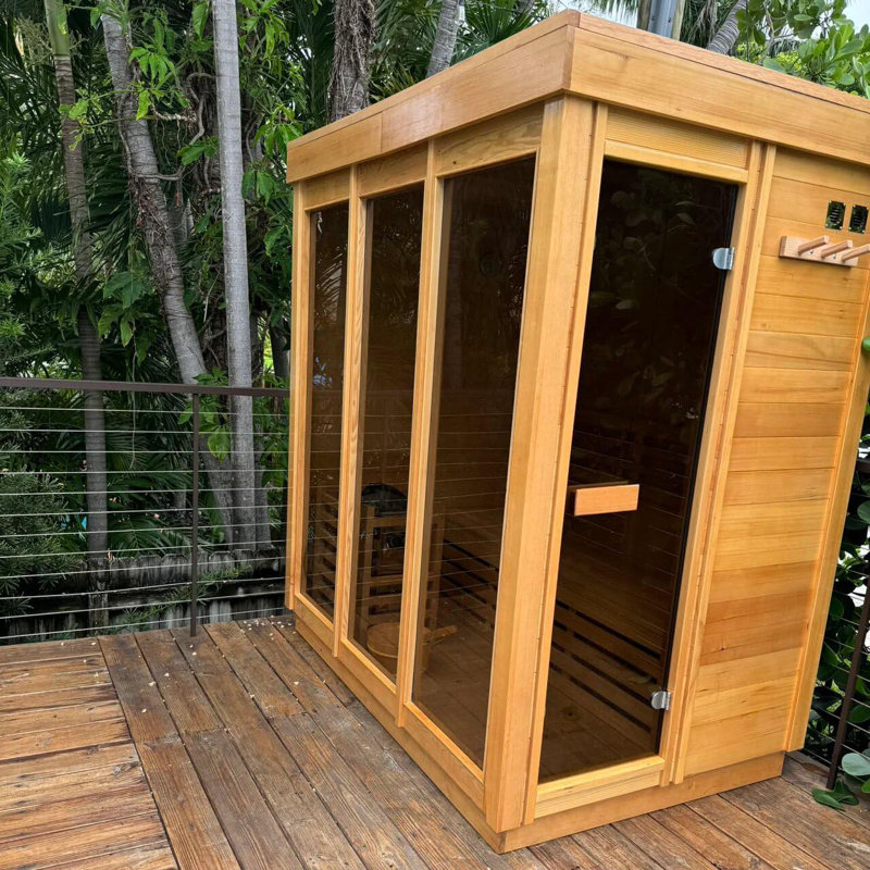 ZONEMEL Outdoor Corner Steam Sauna, Canadian Hemlock Saunas 3-4 Person, 6KW HARVIA Heater, 220V, Broad Bench, Wide Glass View, Asphalt Shingles, Waterproof Tarp, Backrest, Right Door(0-195℉)