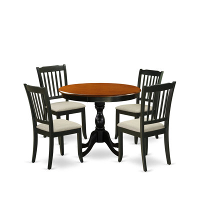 Ensemble de salle à manger 5 pièces moderne comprenant une table ronde en bois et 4 chaises de salle à manger en tissu de lin avec dossier à lattes - finition noire