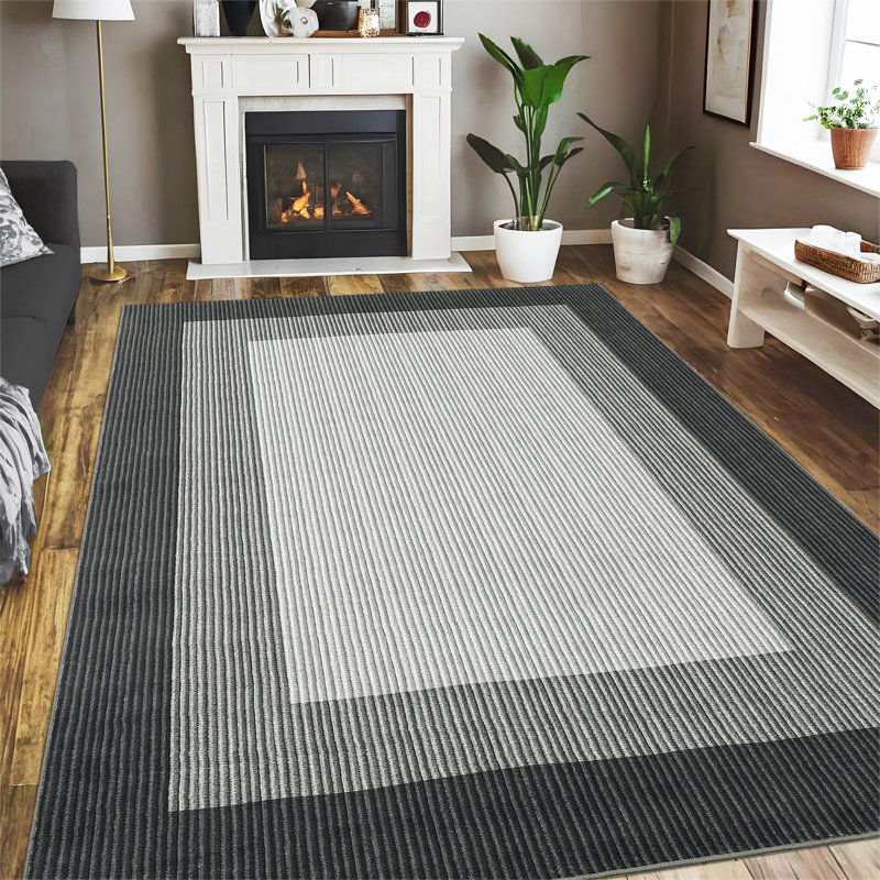 9X12FT Area Rug Machine Washable Modern Low Pile Non Slip Rugs Striped Edge Foldable Area Rug Stain Resistant Imitation Print Indoor Carpet Entryway Bathroom Rug Faux Wool Netural Rug for Dining Room