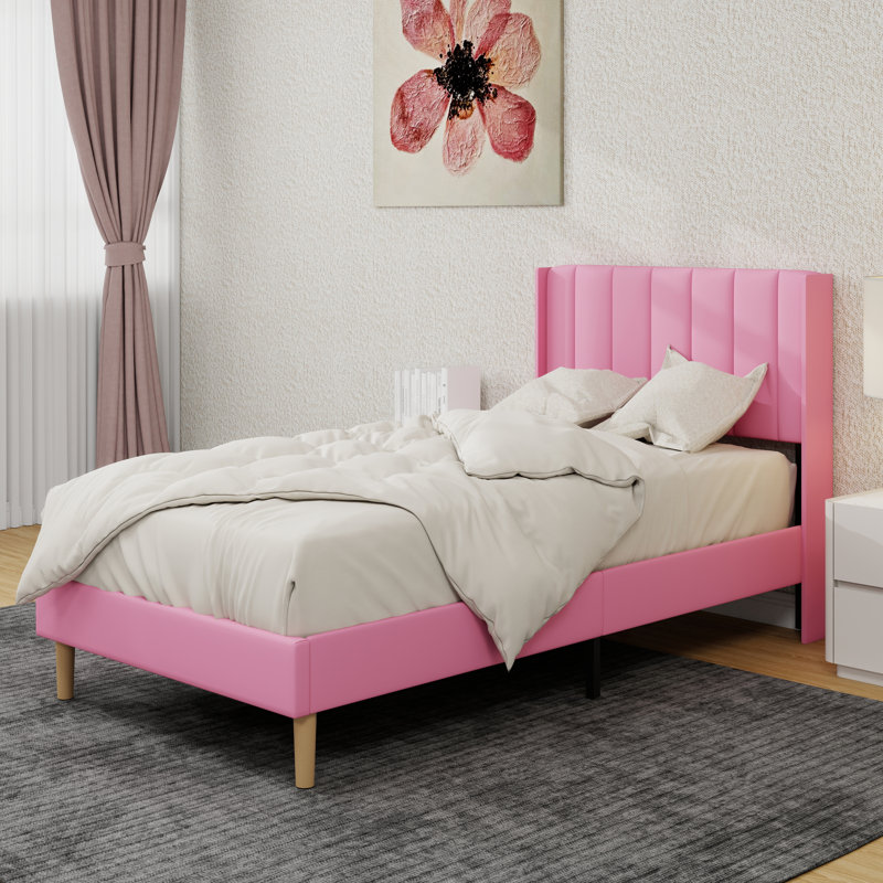 Upholstered Platform Bed Frame, Twin, Pink