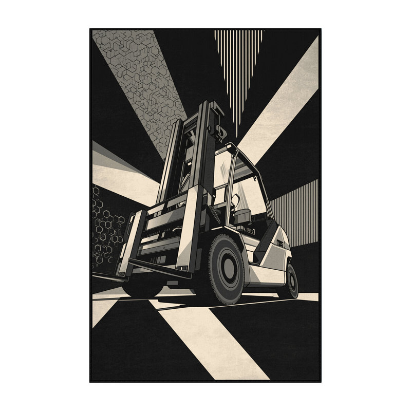 Machine Washable Kendari Forklift Vehicle Modern Geometric Rug in Gray – Black Binding, 6x9