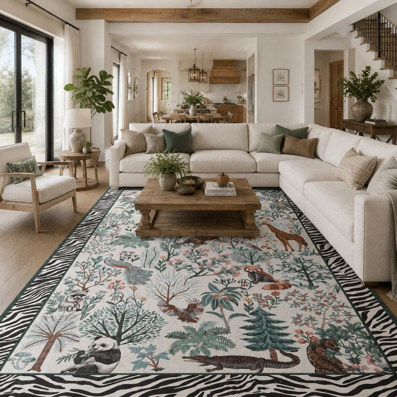 Tapis lavable à la machine Jungle Animal, Beige, 9 x 12 pi