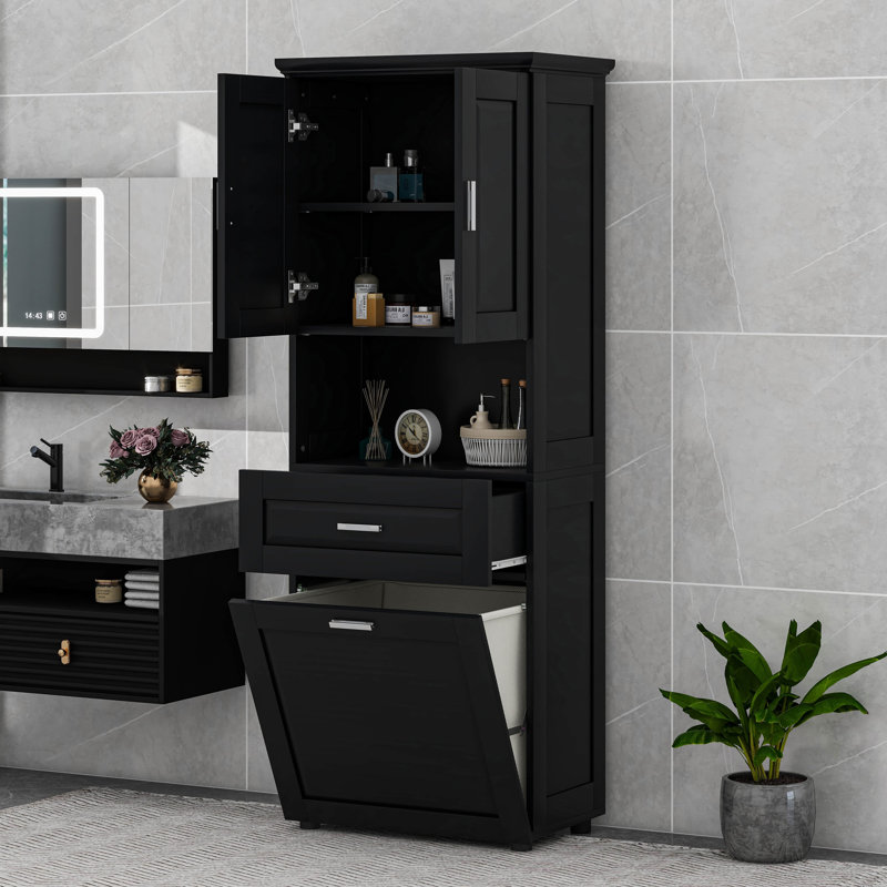 Cabinet With Tilt-Out Laundry Hamper Basket, Black