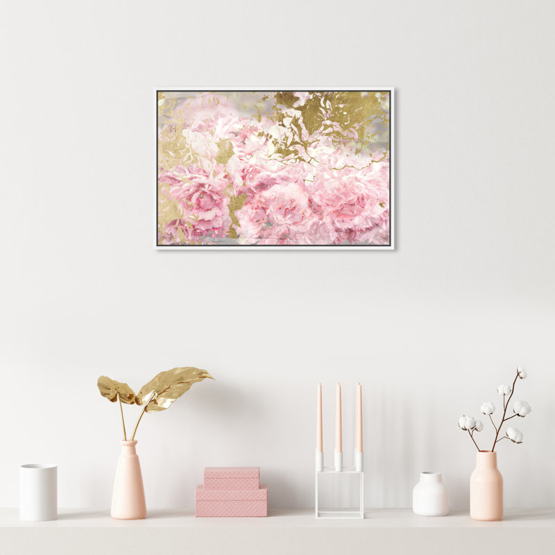 Floral et fleurs de camélias roses et dorées - impression, H 24 po x l 16 po, Cadre blanc