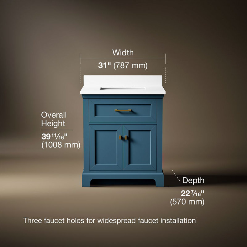 Charlemont 30 In. Bathroom Vanity Cabinet With Sink And Quartz Top, Tidal Blue, Brushed Brass, 30"