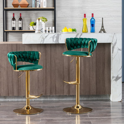 Ensemble de 2 tabourets de bar, avec repose-pieds chromé et base pivotante à hauteur réglable en velours + tabouret de bar simple Golden Leg