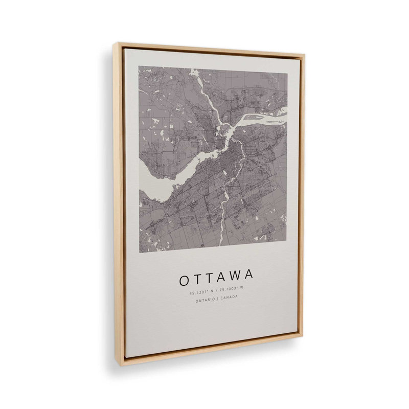 Ottawa Street Map, reproduction d'art sur toile, 24 po x 36 po, Cadre flottant en érable américain