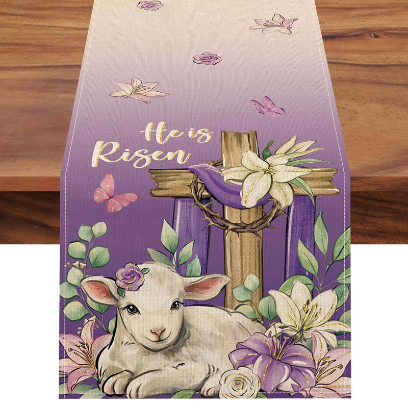 Chemin de table de Pâques, croix, agneau, lis, papillon, eucalyptus, printemps, décoration religieuse pour la cuisine, intérieur, extérieur