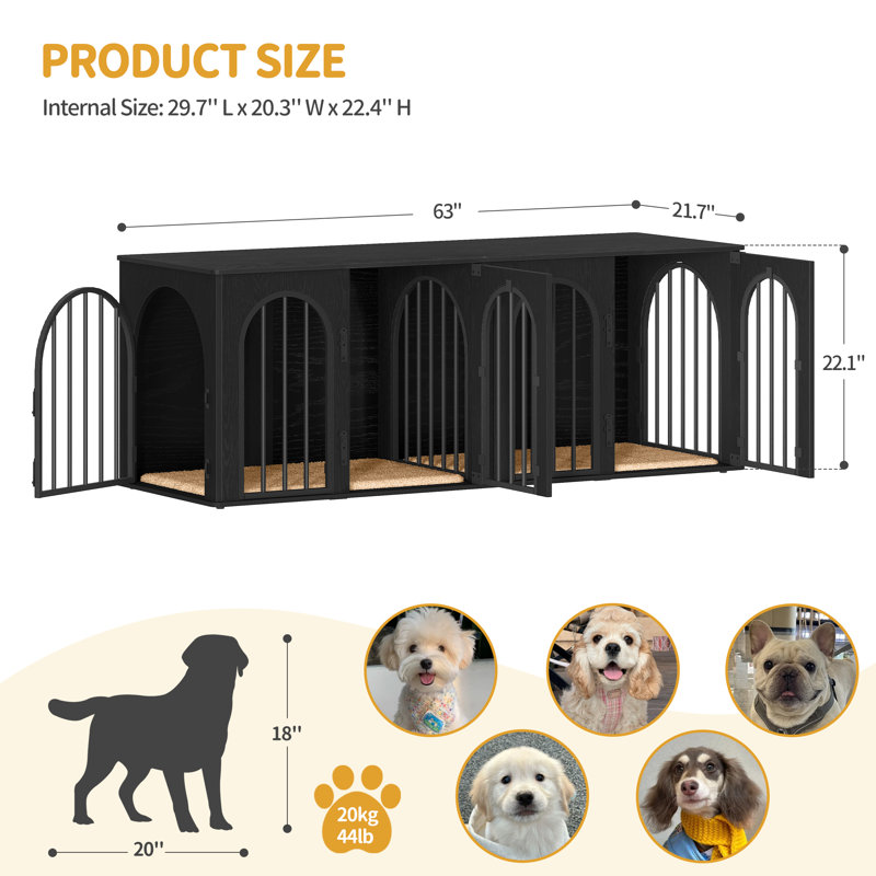 63" Dog Crate Furniture for 2 Dogs,XL Wooden Dog Cage with Divider & Cushion for Medium Large Dogs, Black