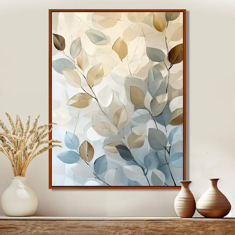 Feuilles et branches murmurantes - Tableau botanique encadré bleu, H 32 po x l 16 po, Cadre flottant brun