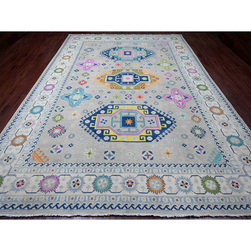 Tapis oriental noué à la main 9 pi 7 po x 13 pi 4 po Fusion Cloud Kazak