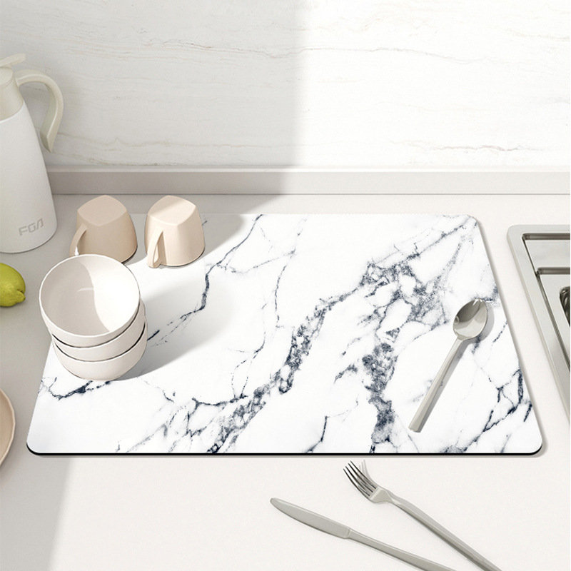 Absorbent Dish Drying Mat with Stylish Marbled Design and Non-Slip Rubber Backing, 15.8" H x 11.8" W x 1.12" D, Marble White