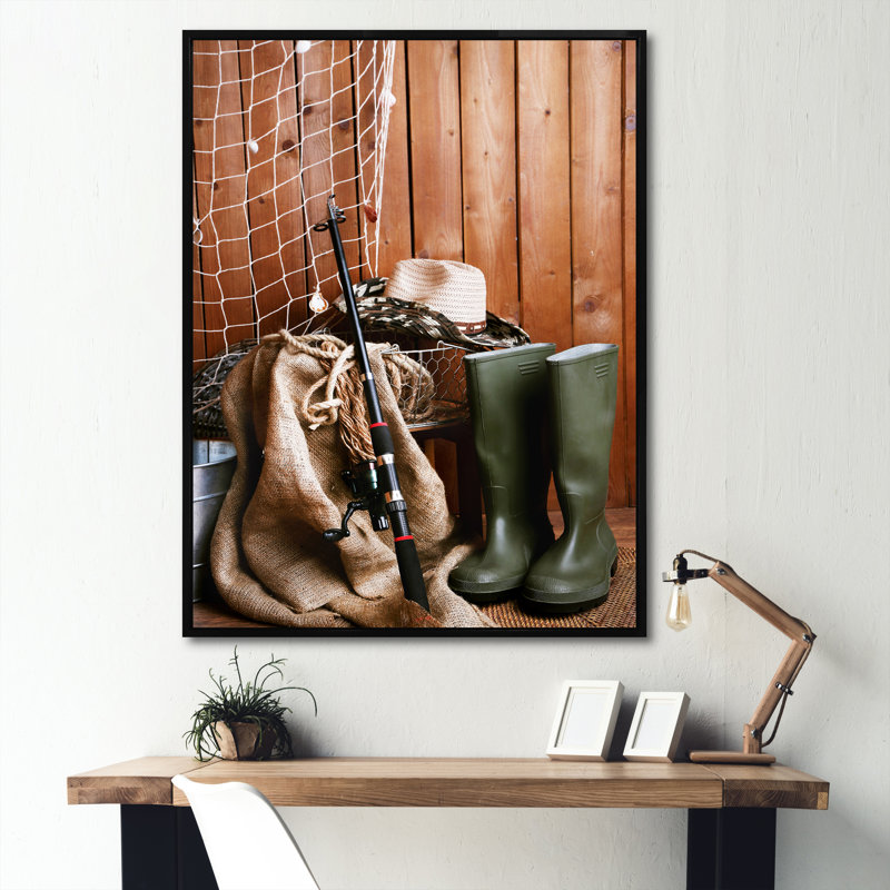 " Ready For Fishing ", 32" H x 24" W x 1" D, Black Floater Framed