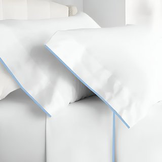 400TC Embroidery Cotton Sateen 4 Piece Sheet Set Fitted Sheet Fits Upto 16" Deep Pocket, Light Blue Border, Twin Sheet Set