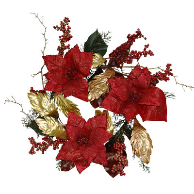 24" Poinsettias Golden Leaves Wreath