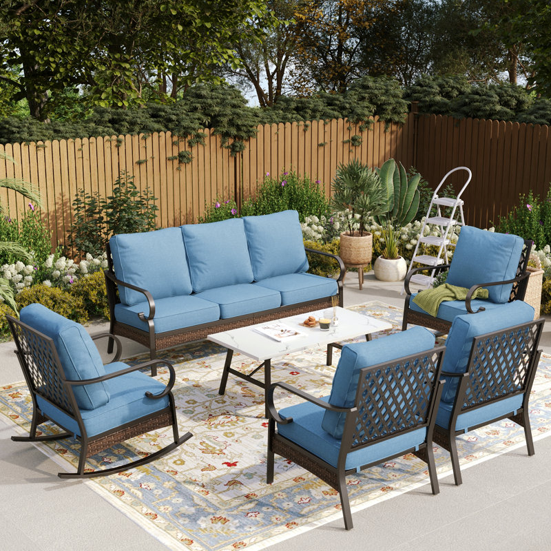 7 - Person Outdoor Patio Conversation Set With Rocking Lounge Chairs, Denim Blue