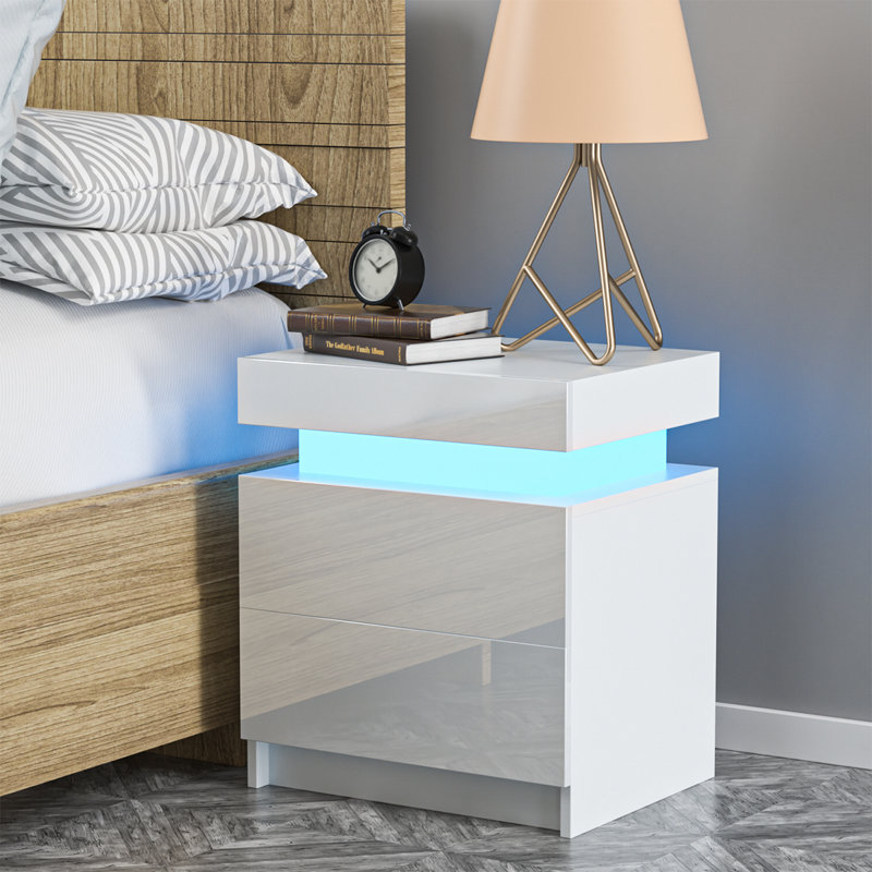 Table de chevet 2 tiroirs avec lumières DEL multifonctionnelles Acree, Blanc