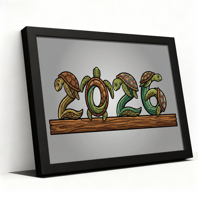 Ensemble de 1 tableau mural sur toile représentant une tortue et le chiffre 2026, H 24 po x l 36 po, Noir