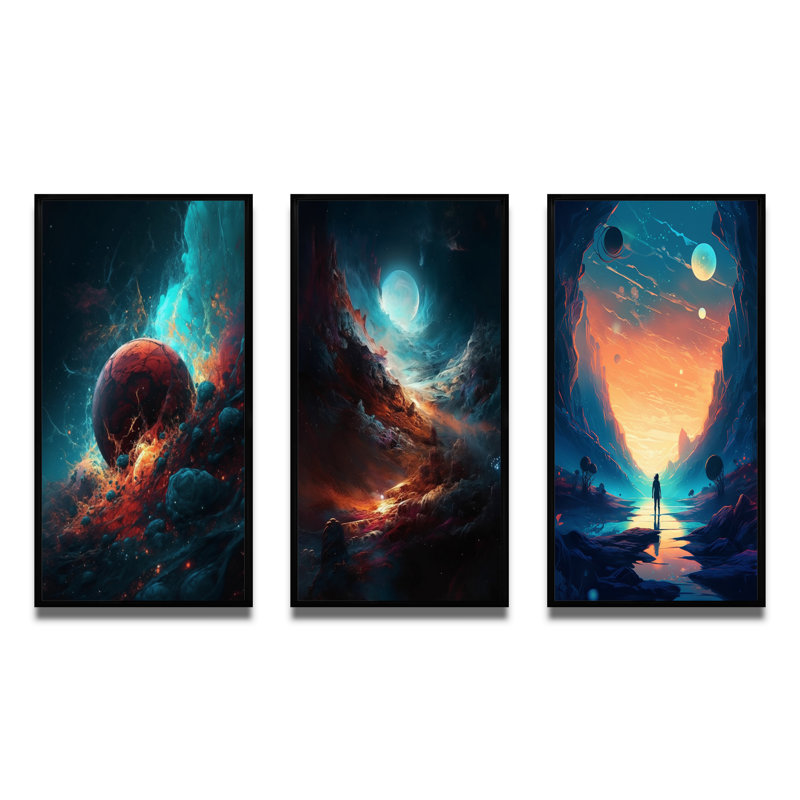 «Imagine Space», 3 pièces sur toile, Cadre flottant noir, H 28 po x l 36 po