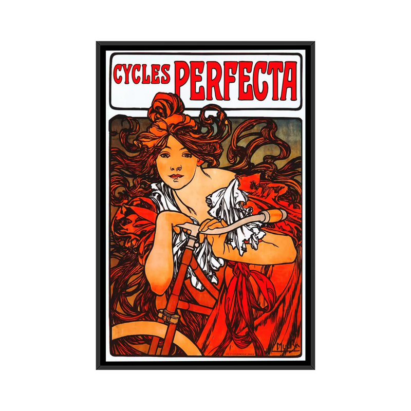 « cycles perfecta » par alphonse mucha, affiche rétro sur toile, H 26 po x l 18 po x P 1,5 po, Toile avec cadre noir