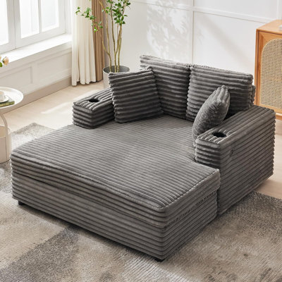 Méridienne surdimensionnée de 60 po pour l'intérieur, confortable canapé en velours côtelé avec station de charge, canapé-lit rembourré pour le salon, salle de cinéma avec poches de rangement et 2 porte-gobelets (gris)
