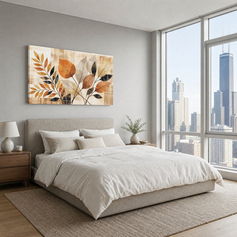 Rouille, noir et crème, feuilles stylisées, art mural, 58“W x 28”H