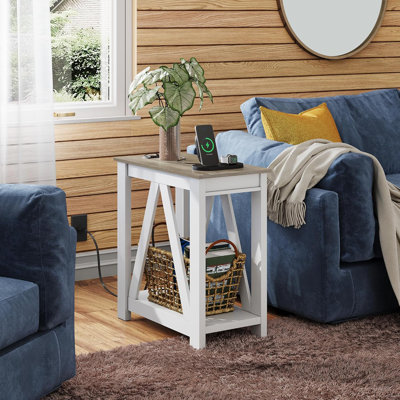 Narrow End Table With Charging Station And Storage Shelf,Farmhouse Slim Sofa Side Table With 2 USB Ports And 2 Power Outlets