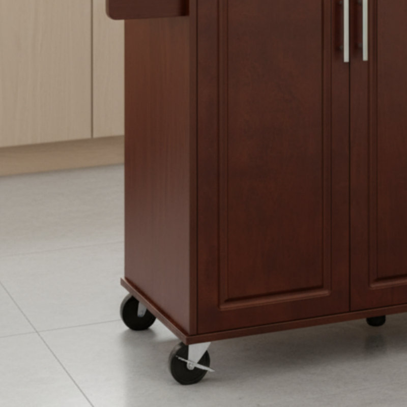 Vintage Brown Rolling Kitchen Island With Drop Leaf Countertop And Barn Door Design With Storage Cabinets And Tower Shelves