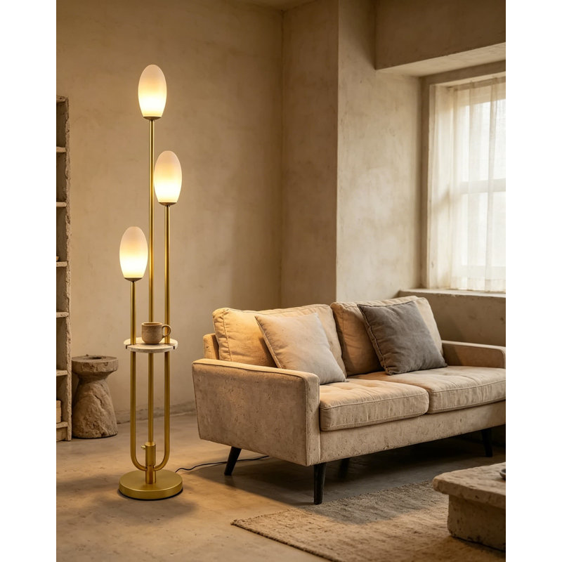 Lampe sur pied moderne Mid-Century avec table d'appoint, lampe sur pied à intensité variable de 63 pouces avec 3 abat-jours ovales et ampoules incluses pour le salon, la chambre à coucher ou le bureau