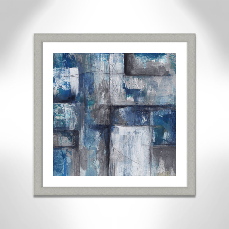 Patchwork abstrait II - peinture encadrée, Papier encadré argent brossé, H 29 po x l 29 po x P 1,25 po