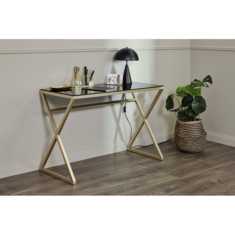 Hematite Glass Top Metal Base Writing Desk, Gold, Black Glass