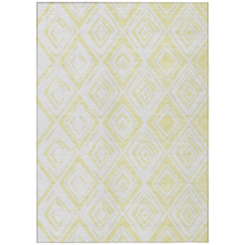 3' X 5' Yellow And Ivory Geometric Washable Indoor Outdoor Area Rug