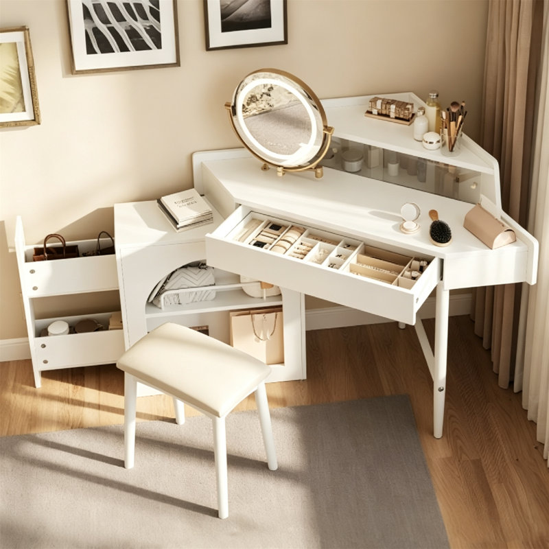 Bureau de coiffeuse de coin blanc avec miroir pliable éclairé à DEL et tabouret, coiffeuse moderne avec luminosité réglable et grand espace de rangement pour les petites chambres