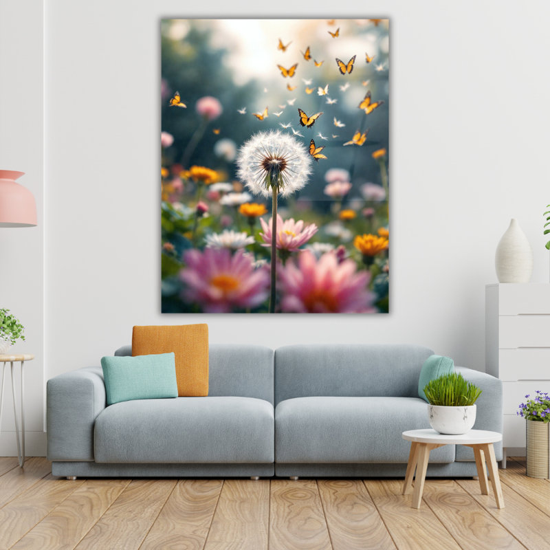 Décoration murale pissenlit papillon en verre trempé, H 40 po x l 30 po