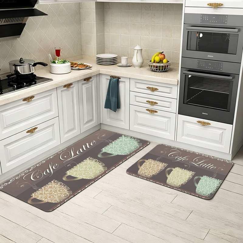 Vintage Scroll Cafe Coffee Cup Home Decor 2 PC Kitchen Rugs Brown