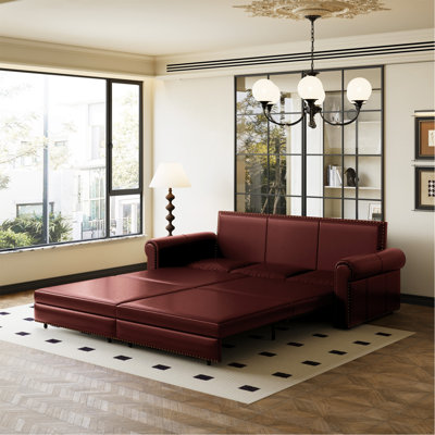 Chesterfield Sofa,93.7" King Pull Out Sofa Bed,3-In-1 Faux Leather Convertible Sleeper Sofa With Nailhead Trim & Rolled Arm,Multi-Functional Sofa Bed For Living Room,Bedroom